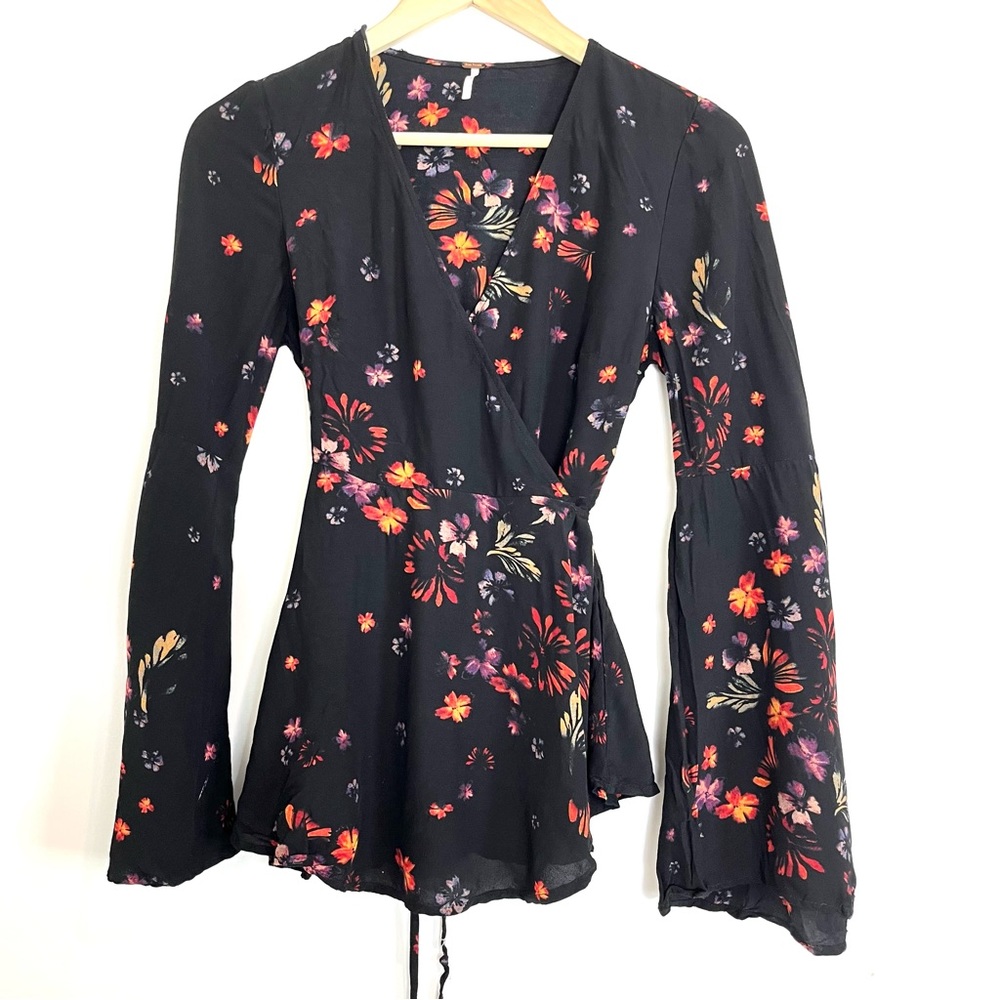 Free People Floral Wrap Shirt Bell Sleeve Size 0